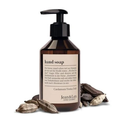 Afbeelding van Jean &amp; Len handzeep Cardamom Tonka, reinigt gestreste handen, geschikt voor dagelijks gebruik, vloeibare zeep in pompdispenser, exotische kruidige geur, veganistisch, 250 ml