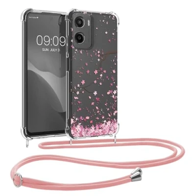 Afbeelding van kwmobile telefoonhoesje geschikt voor Motorola Moto G05 / E15 Hoesje met telefoonkoord Back cover smartphone Case in poederroze donkerbruin transparant