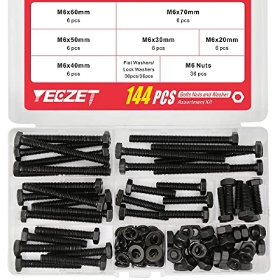 Afbeelding van YEEZET 36 Set M6 Hex Head Schroeven Bouten en Moeren Flat &amp; Lock Washers Assortiment Kit Legering Staal Grade 8.8 (20mm 30mm 40mm 50mm 60mm 70mm)
