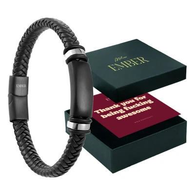 Afbeelding van Atelier EMBER Handgemaakte Leren Armband Heren Zwart Zilver RVS 20 CM + 1,5 Luxe Sieradendoos Cadeau voor Mannen Verjaardag, Vader, Papa, Opa, Vriend Geschenkset