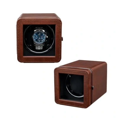 Afbeelding van Mcbazel Automatische horlogeopwinder met ledverlichting, elegante horlogedoos van PU leer voor horloge, stille motor, 4 rotatiemodi, rechthoekige horlogeopslag, bruin, bruin