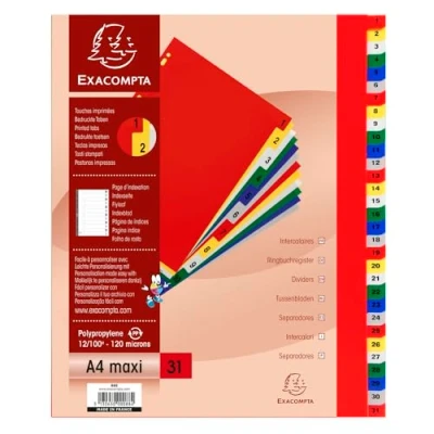 Afbeelding van Exacompta Referentienummer 88E 20 tabbladen van polypropyleen met 31 digitale 1 tot in kleur Afdrukbare indexpagina voor A4 maxi Afmetingen 24,5 x 29,7 cm