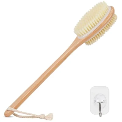Afbeelding van Alyvisun Houten Douche Rugborstel met Lange Steel, Dubbelzijdige Badborstel Back Scrubber Stijve en Zachte Borstelharen, Exfoliërende Doucheborstel [Droog nat Borstelen]