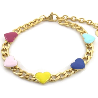 Afbeelding van Armband Dames Gekleurde Hartjes RVS Lengte 17 21 cm Goudkleurig