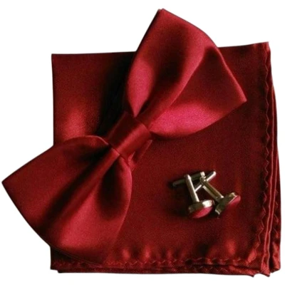 Afbeelding van luxe vlinderstrik inclusief pochette en manchetknopen Bordeaux rood vlinderdas strik strikje pochet heren