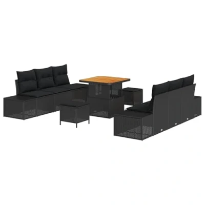 Afbeelding van vidaXL 9 delige Tuin Sofa Set met Kussens Zwart Poly Rattan Acacia