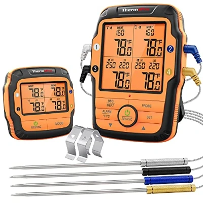 Afbeelding van ThermoPro TP27C Draadloze grillthermometer met 4 sondes, vleesthermometer, braadthermometer, IPX4 waterdicht, grote lcd keukenthermometer voor BBQ, gasgrill, Dutch Oven