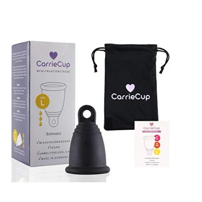 Afbeelding van CarrieCup menstruatiecup groot, Made in Germany BPA vrij, alternatief voor tampons en binden, siliconenvrij incl. zakje zwart