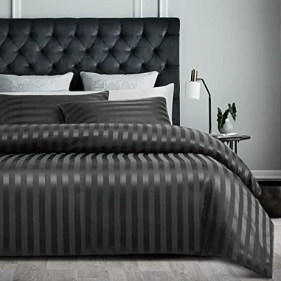 Afbeelding van Damier Beddengoed 200 x cm satijn grijs gestreept 3 delig hoogwaardig effen zijdeachtig glanzend dekbedovertrek met verborgen ritssluiting en 2 kussenslopen 80 cm,