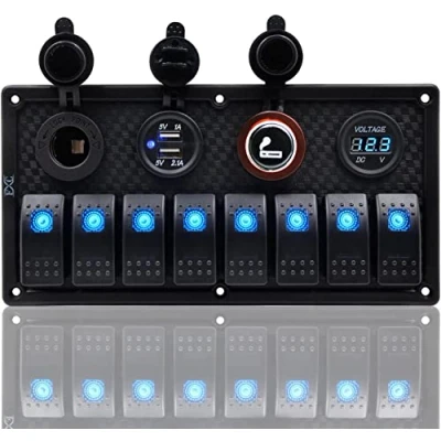 Afbeelding van CT CARID 8 Bende Rocker Schakelpaneel, 4 in 1 Multi Functies Schakelaar Schakelpaneel voor Auto Boot Marine RV Vrachtwagen Camper Voertuigen Blauw