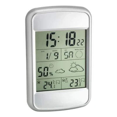 Afbeelding van TFA Dostmann Draadloze weerstation Look, 35.1123, temperatuur via buitenzender, binnenklimaatcontrole, weersverwachting, max. min. waarden, tijd met datum, alarm, zilver, (L) 85 x (B) 24 (H) 135 mm