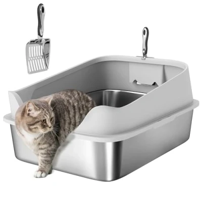 Afbeelding van PawHut XXL kattenbak van roestvrij staal, kattenbak, hoogzijdig met metalen kattenbakschep, absorbeert nooit geuren, anti lekkage en gemakkelijk schoon te maken, 70 x 50 30 cm, grijs
