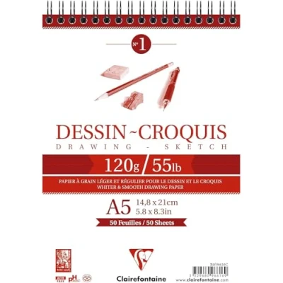 Afbeelding van Clairefontaine 96616C Bloc Spiralé en tête Papier Dessin Croquis 50 Feuilles au Grain Très Léger A5 14,8x21 cm 120g Idéal pour le et Crayon, Feutre Fusain