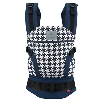 Afbeelding van manduca Babydrager FIRST &gt; Pepita Navy &lt; baby en kinderdrager met rugverlenging &amp; ergonomische heupriem voor kinderen van 3,5 tot 20 kg (marineblauw/zand)