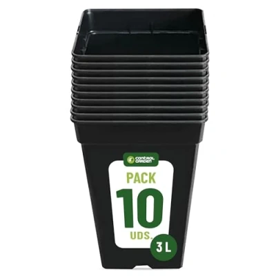 Afbeelding van GROWMANIA Set van 10 vierkante bloempotten voor planten, zwart, 3 l, kunststof, 15 x 20 cm