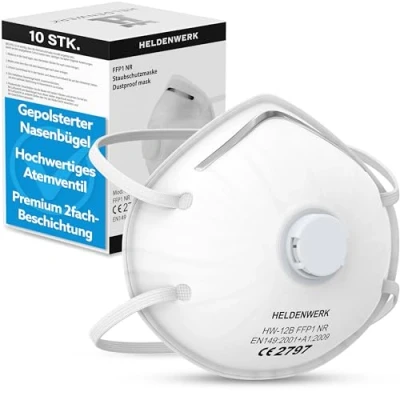 Afbeelding van HELDENWERK® Adembeschermingsmasker in 5 , 10 of 20 delige set, premium ademmasker, perfect aanpasbaar FFP1 mondmasker, fijnstofmasker, stofmasker voor slijpen enz.