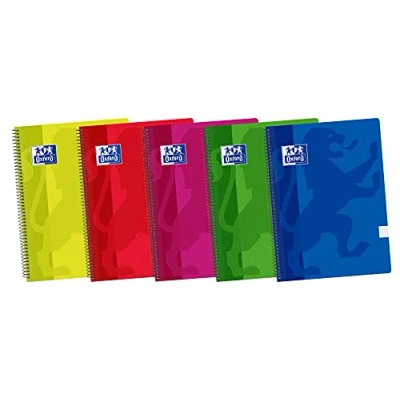 Afbeelding van Oxford, A5 notitieboeken, 5 stuks, kunststof deksel met spiraalbinding, 80 vellen, geruit 4 x 4, verschillende kleuren, 155 215 mm
