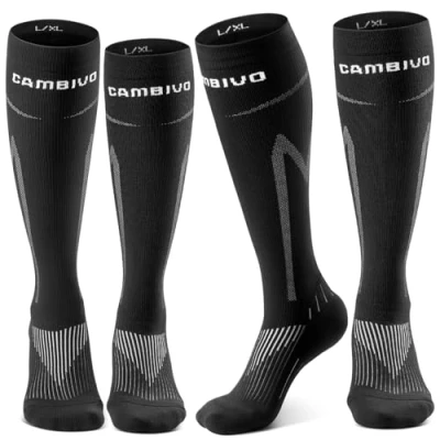 Afbeelding van CAMBIVO 2 paar compressiekousen voor dames en heren, klasse 2, 20 30 mmHg, gevoerde compressiesokken comfort, steunkousen vliegreizen, sport, dagelijks gebruik, zwart met wit, L/XL