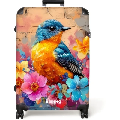 Afbeelding van NoBoringSuitcases.com® Koffer groot Reiskoffer lichtgewicht Vogel met bloemen in graffiti stijl Rolkoffer 4 wielen Grote trolley XL 98 liter bagage