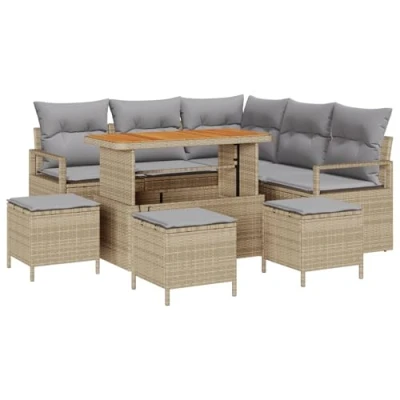 Afbeelding van vidaXL 9 delige Tuin Sofa Set met Kussens Beige Poly Riet Acacia, 2 zits Riet, 4 Eet Acacia