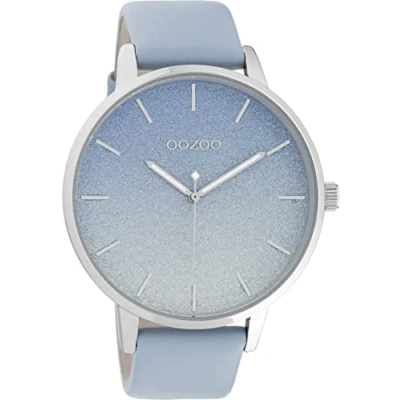 Afbeelding van Oozoo Groot dameshorloge met leren armband en 5 minuten streekindexen op de wijzerplaat 48 mm diameter in verschillende variaties, zilver/lichtblauw, Riemen.