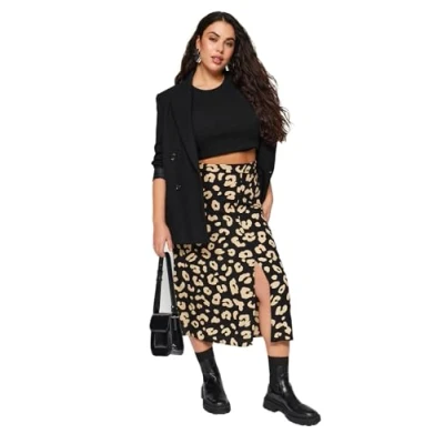 Afbeelding van Trendyol Baksteen Dierenpatroon Split Ongevoerde Midi/Medium Lengte Viscose Geweven Rok Tbbaw23Az00032