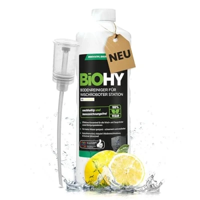 Afbeelding van BiOHY Vloerreiniger voor dweilrobot station met frisse geur (fles van 1 liter) + doseerder, reinigingsmiddelconcentraat alle wis en zuigrobots natte functie, schuimarm streepvrij