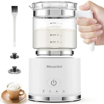 Afbeelding van Morpilot elektrische melkopschuimer, melkopschuimer van glas, 4 in 1 functie, grote capaciteit 500 ml, gedeeld design, geschikt voor koffie, warme melk, cappuccino, macchiato enz.