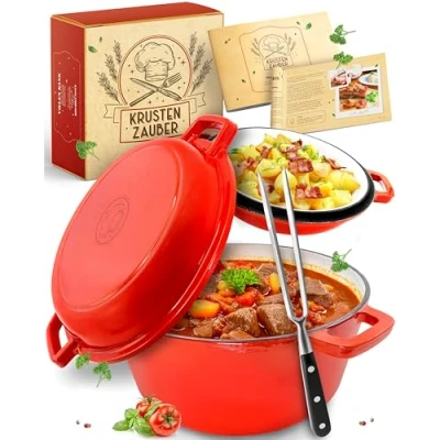 Afbeelding van Krustenzauber gietijzeren pot [incl. Vleesvork] Hoogwaardige braadpan van 26 cm geschikt voor de oven Ideale met deksel, inductiekookpot, emaille,