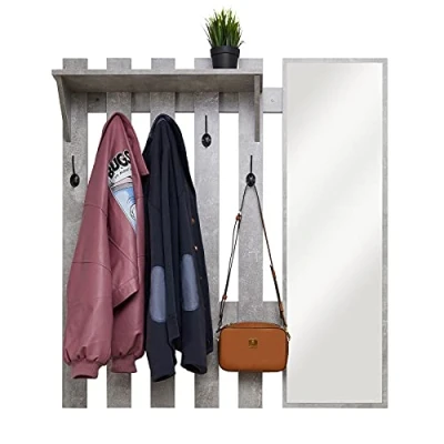 Afbeelding van Meerveil Wandgemonteerde kapstok met spiegel, haakrek 5 haken, industriële stijl voor hal, 100 x 22 106 cm (grijs)