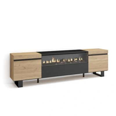 Afbeelding van Skraut Home TV kast televisie woonkamermeubels opslag 200 x 57 35 cm voor tv&#039;s tot 80 inch elektrische open haard industrieel design moderne stijl eiken en zwart