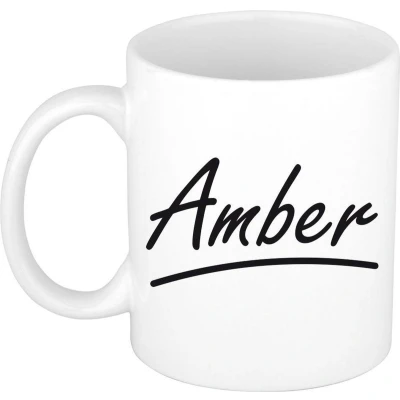Afbeelding van Amber voornaam kado beker / mok sierlijke letters gepersonaliseerde met Naam mokken