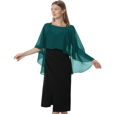 Afbeelding van Hotshawl Capelets voor vrouwen, chiffon cape, sjaals en wraps avondjurk, bruiloft, cover up, Blauwgroen, Eén Maat