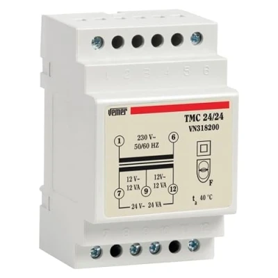Afbeelding van VEMER VN318200 TMC 24/24 transformator, 24 V, voor continu gebruik, montage op DIN rails, vermogen wit