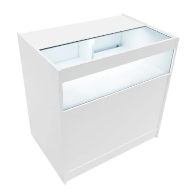 Afbeelding van Wit Winkel Toonbank LED Verlichting B900 Afsluitbaar Schuifdeuren 2 Sleutels Detailhandel Opbergkast Glas Vitrine Display Kast Receptie Bureau 3 Planken 1 Open Gesloten Schappen Witte Lampen