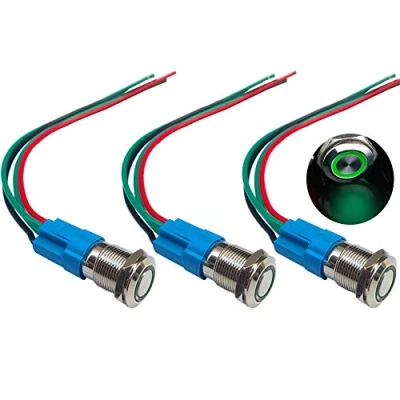 Afbeelding van QitinDasen 3 Stks Premium 12mm Momentaire Drukknopschakelaar, 12 V/24 V 3A Auto Ontsteking Starter Schakelaar, Groen LED Licht Rvs IP66 Waterdichte Schakelaar met Socket Plug Wire