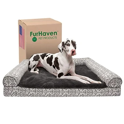 Afbeelding van Furhaven Koelgel hondenbed voor grote honden met afneembare kussens en wasbare hoes, tot 120 lbs pluche zuidwestelijke kelim geweven decoratiebank Boulder grijs, Jumbo Plus/XXL