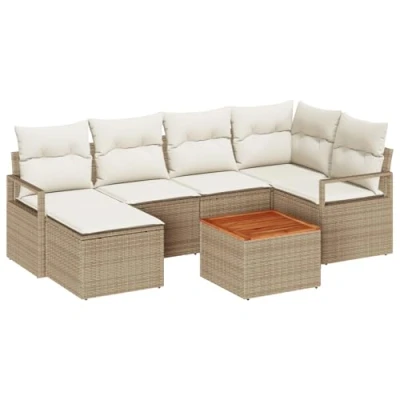 Afbeelding van vidaXL 7 delige Tuin Sofa Set met Kussens Beige Poly Rattan Acacia, 2 Zits