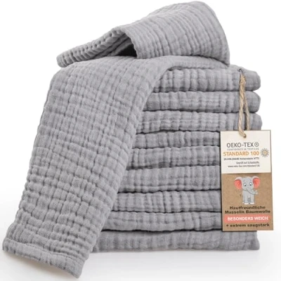 Afbeelding van LAYNENBURG set van 10 premium boerendoeken baby extra zachte mousseline 100% katoen 30x50cm Oeko Tex 100 doeken als luiers of doekluiers (grijs)