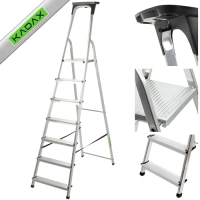 Afbeelding van KADAX aluminium ladder, staande ladder tot 125 kg, trapladder, veiligheidsladder, inklapbare met plank, vouwladder, (7 treden)