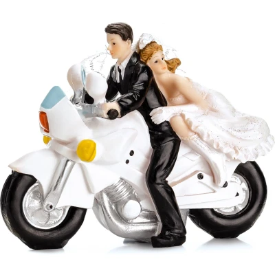 Afbeelding van Trouwfiguurtje/caketopper bruidspaar bruid en bruidegom op motor Bruidstaart figuren 11 cm Taartdecoraties