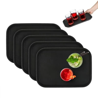 Afbeelding van Relaxdays horeca dienblad set van 5 antislip met rand 35x25 cm rechthoekig zwart