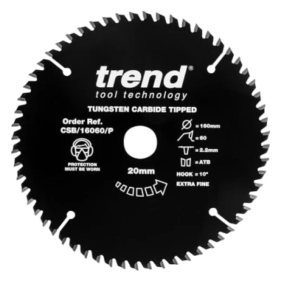 Afbeelding van Trend CraftPro TCT Non Stick PTFE Gecoat Zaagblad, 160mm Diameter, 20mm Asgat, 60 Tanden, 2,2mm Kerf, CSB/16060/P