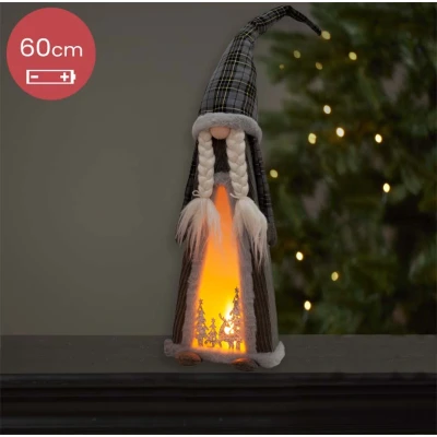 Afbeelding van Handgemaakt grijs Gnoom vrouwtje met LED verlichting en unieke versiering 60(80)cm