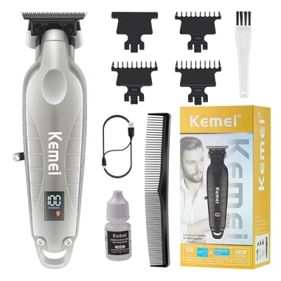 Afbeelding van KEMEI 2293 Professionele Haar/Baard Trimmer voor Mannen Zero Gapped Tondeuse Kapper met T Blade, Draadloze Oplaadbare, Zilverachtig