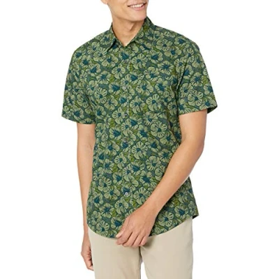 Afbeelding van Amazon Essentials Men&#039;s Shirt met korte mouwen, print en slanke pasvorm, Olijfgroen Hibiscusbloem, XXL