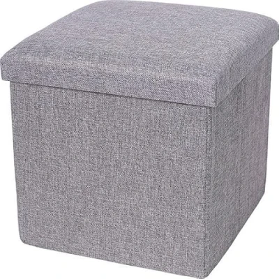 Afbeelding van Poef met Opbergruimte Grijs 38 x 37 cm Voetenbank Opvouwbaar Opbergmand Deksel Opbergkruk Poefs