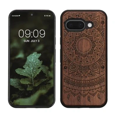 Afbeelding van kwmobile telefoonhoesje compatibel met Google Pixel 9a Hoesje van hout en TPU In donkerbruin Indian Sun