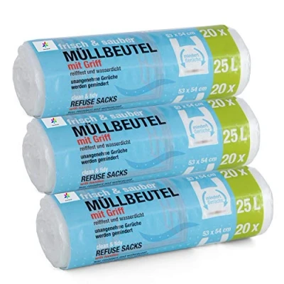 Afbeelding van Premiumline Afvalzakken, 3 x 20 stuks, 25 liter, bijzonder scheurvast en waterdicht, met draaggreep, afmetingen: 53 54 cm