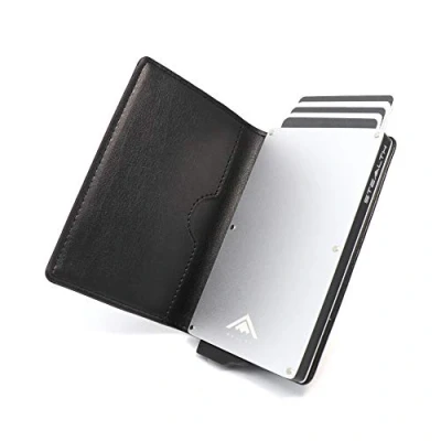 Afbeelding van STEALTH Wallet Slanke Lichtgewicht Minimalistische Kaarthouder Portemonnee Compacte RFID/NFC Blokkerende Pop up Portemonnees Kaarthouders met Geschenkdoos (Zilver Aluminium Zwart Leer)
